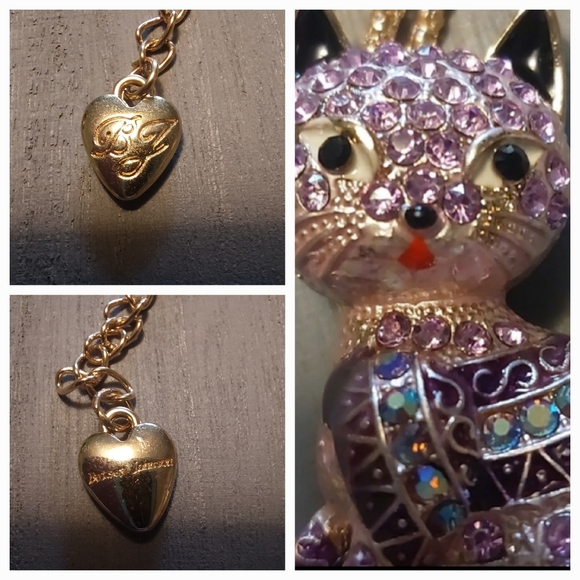 Betsey Johnson Purple Rhinestone Cat Brooch Pendant Necklace 26" - Picture 13 of 17